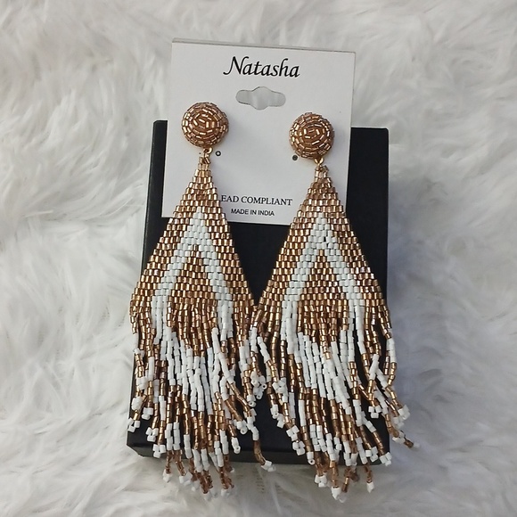 Natasha Couture Jewelry - Natasha Couture Gold White Beaded Fringe Boho Festival Sexy Statement Earrings